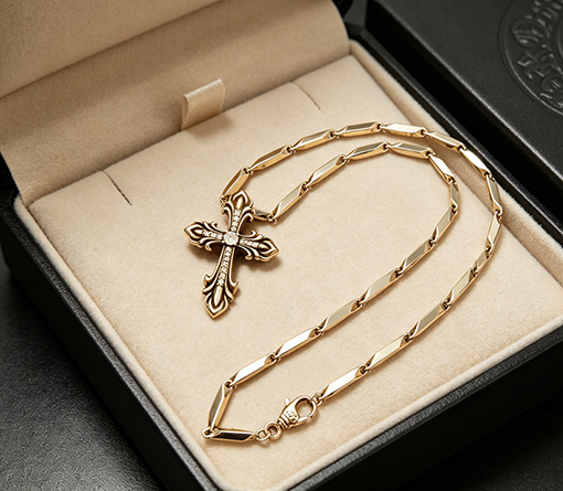 クロムハーツ ヴィンテージ風のゴールドトーンの聖剣とクロスペンダントネックレス