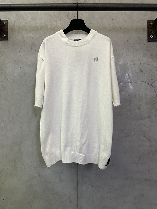 フェンディ ダブルFハードウェアラベル付きコットンウールニット半袖Tシャツ