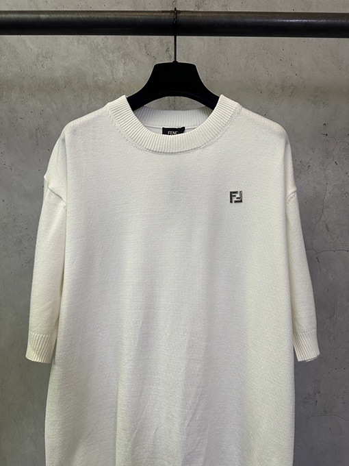 フェンディ ダブルFハードウェアラベル付きコットンウールニット半袖Tシャツ