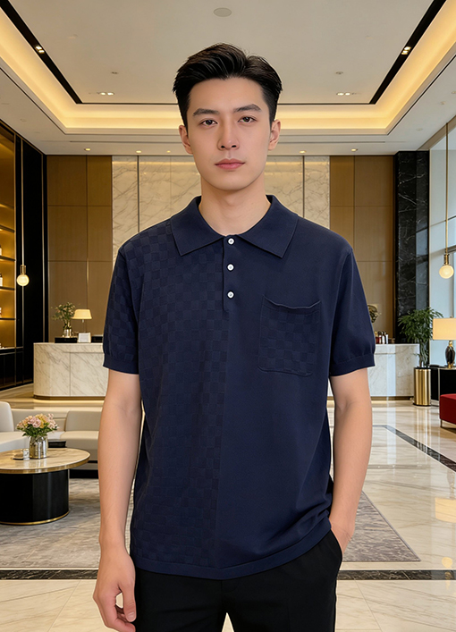 ルイヴィトンコピー チェック柄ジャカードニットの半袖ポロシャツ