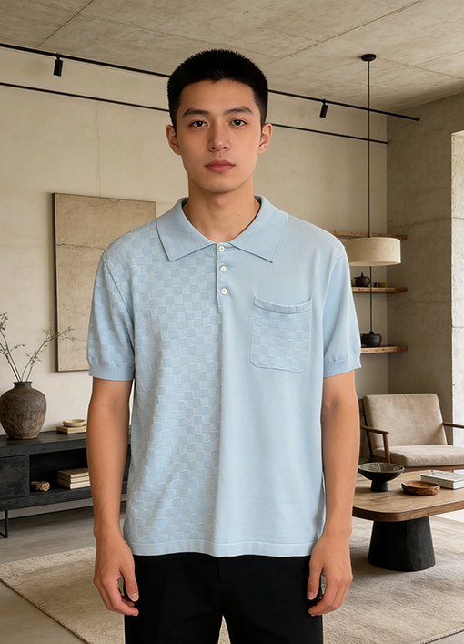 ルイヴィトンコピー チェック柄ジャカードニットの半袖ポロシャツ