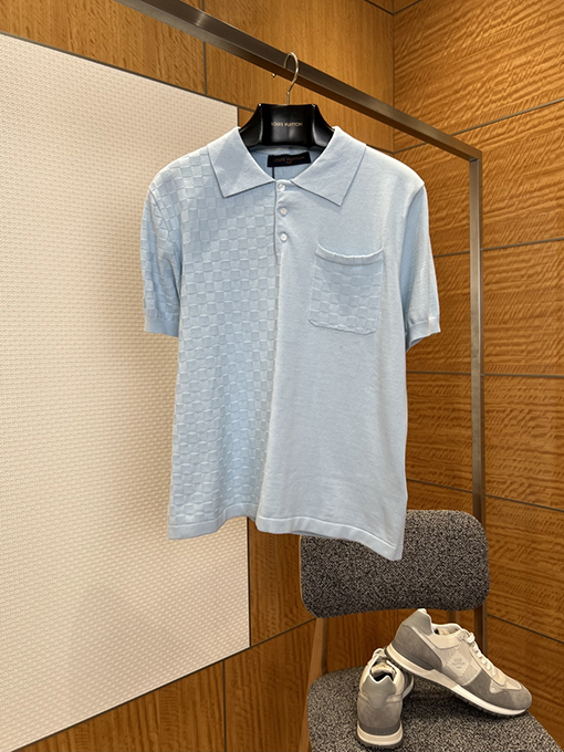ルイヴィトンコピー チェック柄ジャカードニットの半袖ポロシャツ