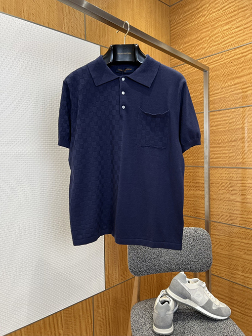 ルイヴィトンコピー チェック柄ジャカードニットの半袖ポロシャツ
