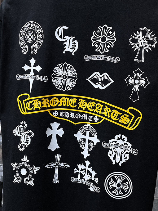 クロムハーツブランドコピー サンスクリット語の印章ローラー彫刻フィルム半袖Tシャツ