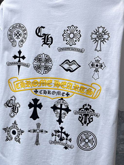 クロムハーツブランドコピー サンスクリット語の印章ローラー彫刻フィルム半袖Tシャツ