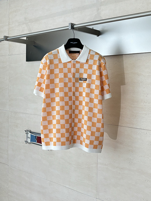 ルイヴィトンブランドスーパーコピー チェック柄のカラーブロック透かし編ポロカラー付きみ半袖シャツ