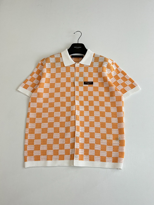 ルイヴィトンブランドスーパーコピー チェック柄のカラーブロック透かし編ポロカラー付きみ半袖シャツ