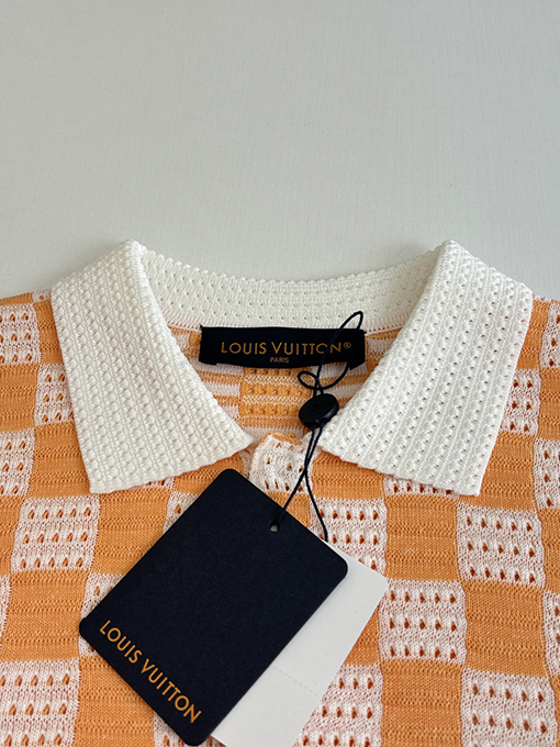 ルイヴィトンブランドスーパーコピー チェック柄のカラーブロック透かし編ポロカラー付きみ半袖シャツ
