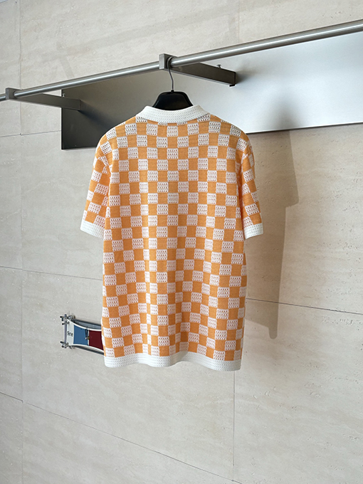 ルイヴィトンブランドスーパーコピー チェック柄のカラーブロック透かし編ポロカラー付きみ半袖シャツ