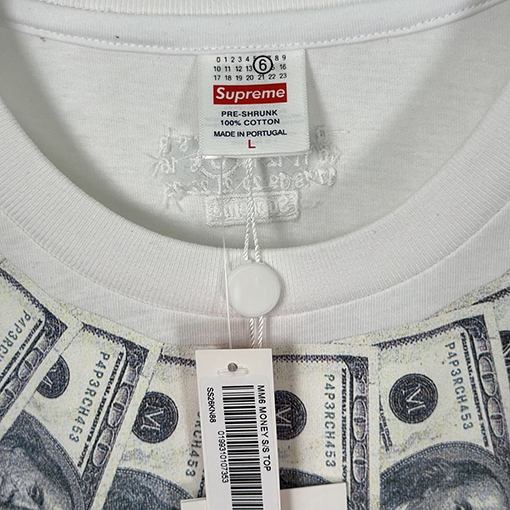 シュプリーム X マルタンマルジェラ MONEY S/S TOP コラボレーションによるゴールドフェザープリント半袖Tシャツ