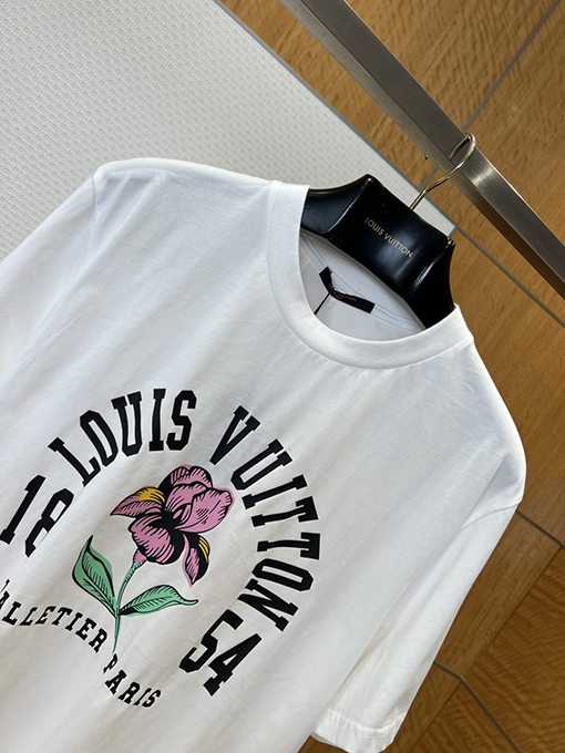 ルイヴィトンブランドコピー LOUIS VUITTON アイリスの花のロゴプリント入りクルーネック半袖Tシャツ
