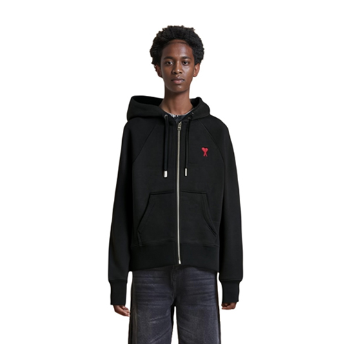 アミ 赤いハートの刺繍りフード付きドローストリングスウェットシャツジャケット