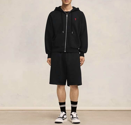 アミ 赤いハートの刺繍りフード付きドローストリングスウェットシャツジャケット