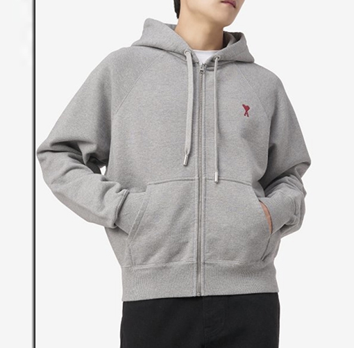 アミ 赤いハートの刺繍りフード付きドローストリングスウェットシャツジャケット