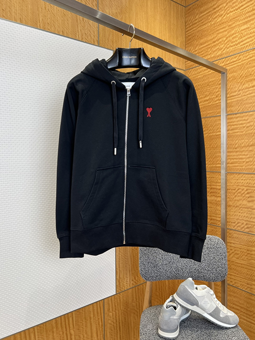 アミ 赤いハートの刺繍りフード付きドローストリングスウェットシャツジャケット