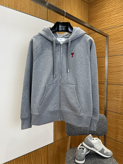 アミ 赤いハートの刺繍りフード付きドローストリングスウェットシャツジャケット