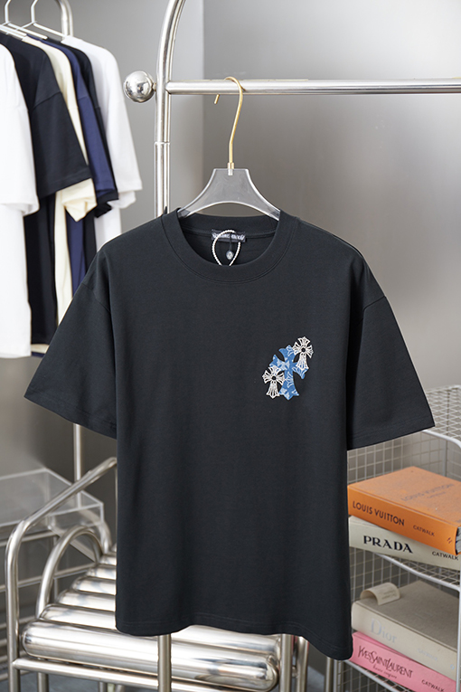 クロムハーツブランドスーパーコピー デジタルプリントによるデニムクロスラインストーン半袖Tシャツ
