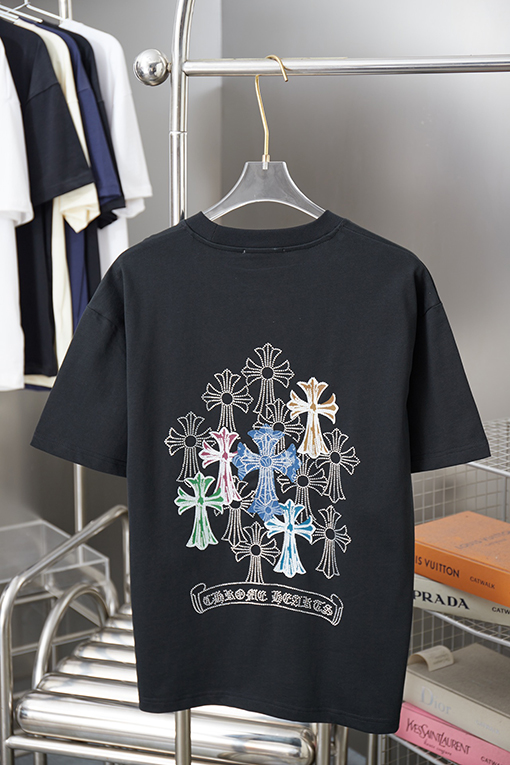 クロムハーツブランドスーパーコピー デジタルプリントによるデニムクロスラインストーン半袖Tシャツ