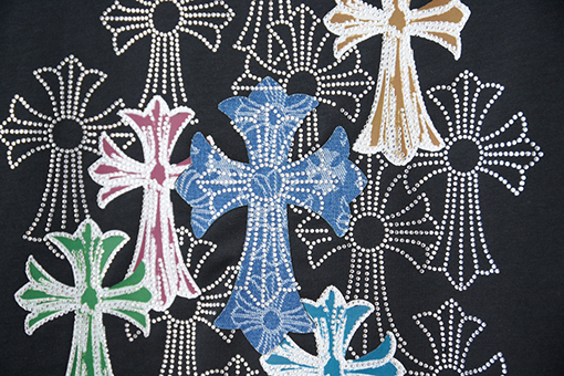 クロムハーツブランドスーパーコピー デジタルプリントによるデニムクロスラインストーン半袖Tシャツ