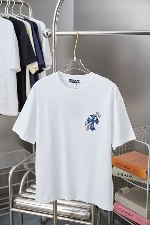クロムハーツブランドスーパーコピー デジタルプリントによるデニムクロスラインストーン半袖Tシャツ