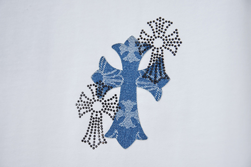 クロムハーツブランドスーパーコピー デジタルプリントによるデニムクロスラインストーン半袖Tシャツ