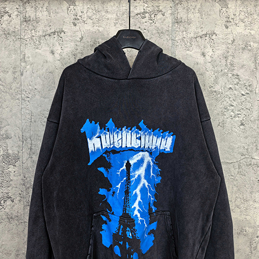 バレンシアガ BALENCIAGA エッフェル塔ロゴ入りブルーライトニングプリントウォッシュダメージ工フード付きスウェットシャツ