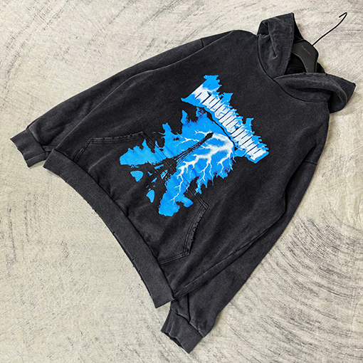 バレンシアガ BALENCIAGA エッフェル塔ロゴ入りブルーライトニングプリントウォッシュダメージ工フード付きスウェットシャツ