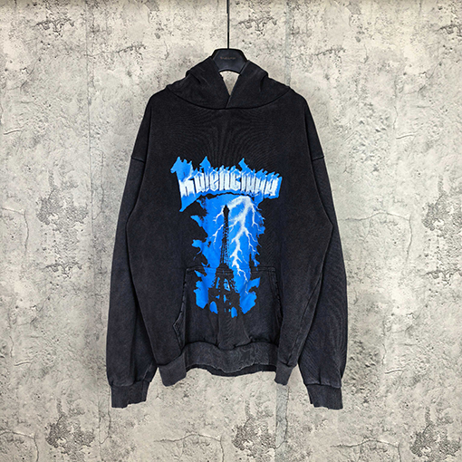 バレンシアガ BALENCIAGA エッフェル塔ロゴ入りブルーライトニングプリントウォッシュダメージ工フード付きスウェットシャツ