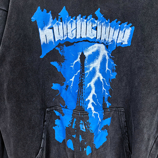 バレンシアガ BALENCIAGA エッフェル塔ロゴ入りブルーライトニングプリントウォッシュダメージ工フード付きスウェットシャツ