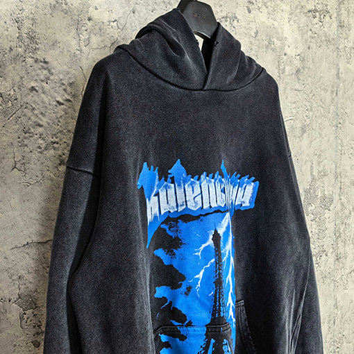 バレンシアガ BALENCIAGA エッフェル塔ロゴ入りブルーライトニングプリントウォッシュダメージ工フード付きスウェットシャツ