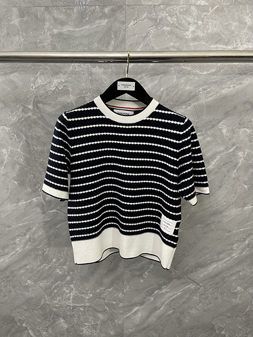 トムブラウン 綿100%のコーマ綿ストライプ柄ハニカムニット半袖Tシャツ