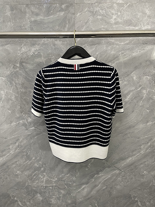 トムブラウン 綿100%のコーマ綿ストライプ柄ハニカムニット半袖Tシャツ
