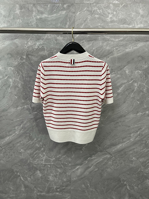トムブラウン 綿100%のコーマ綿ストライプ柄ハニカムニット半袖Tシャツ