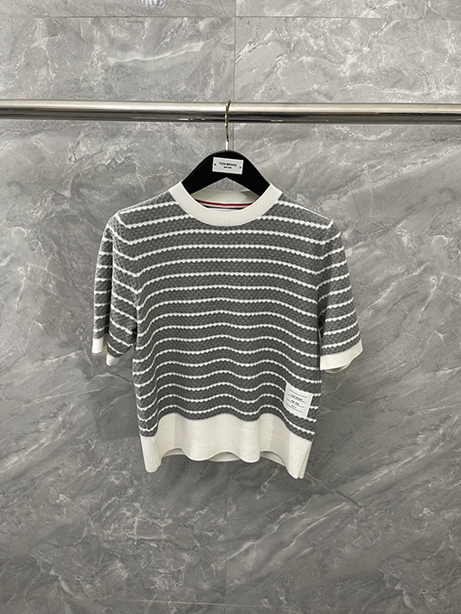 トムブラウン 綿100%のコーマ綿ストライプ柄ハニカムニット半袖Tシャツ