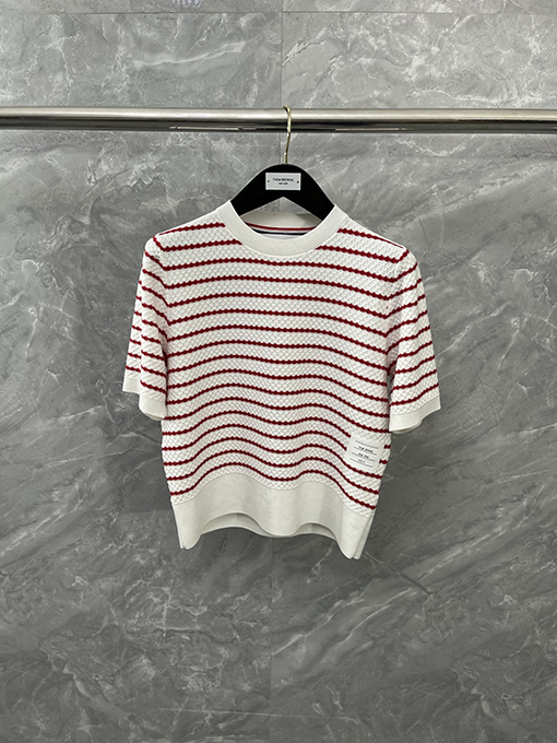 トムブラウン 綿100%のコーマ綿ストライプ柄ハニカムニット半袖Tシャツ