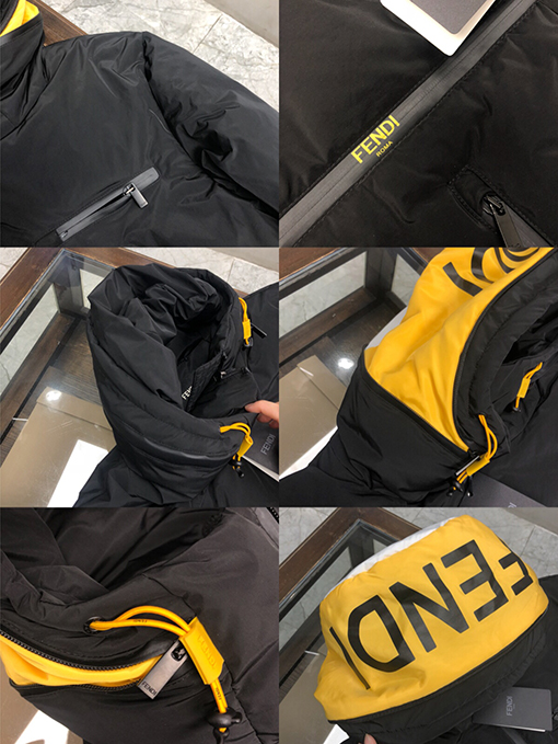 フェンディ偽物 FENDI 新作のカラーブロック蛍光イエローのフード付きダウンジャケット