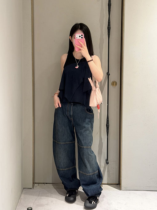 ロエベコピー レディースレトロなダークブルーのウォッシュパッチワークカーブパンツ