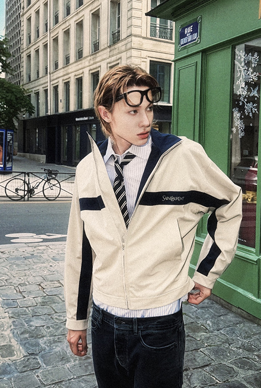 サンローラン Saint Laurent キャンバス地のカラーブロックスタンドカラージップアップジャケット