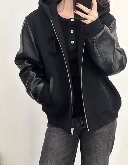 セリーヌスーパーコピー 袖レザー切り替えフード付きアウター