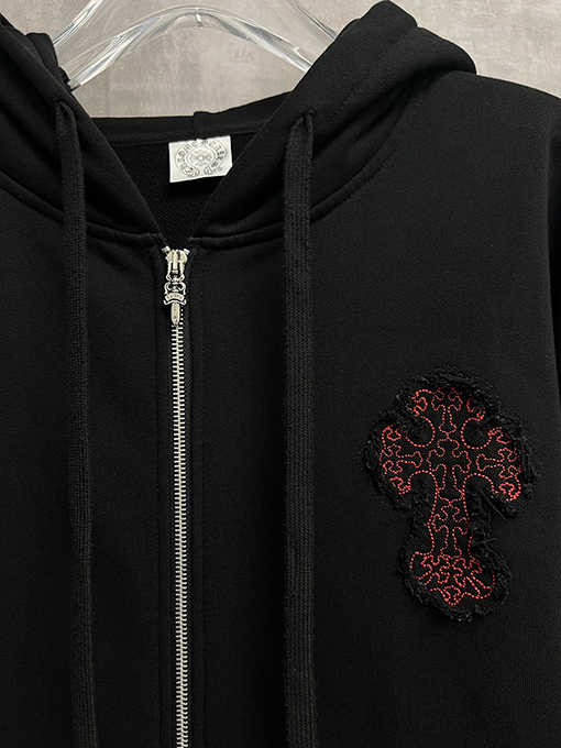 クロムハーツ 新モデルクラシックウォッシュクロス柄刺繍入りジップアップパーカー