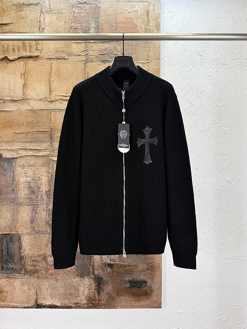 クロムハーツ クロスステッチのレザーカシミヤ混ジップアップニットカーディガン