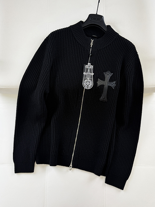 クロムハーツ クロスステッチのレザーカシミヤ混ジップアップニットカーディガン