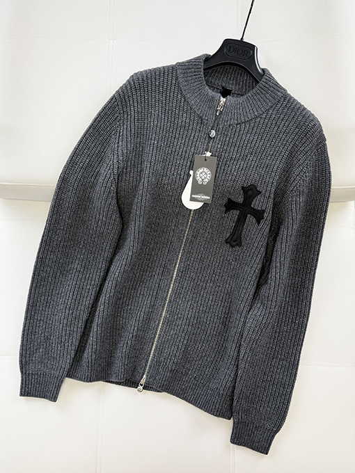クロムハーツ クロスステッチのレザーカシミヤ混ジップアップニットカーディガン