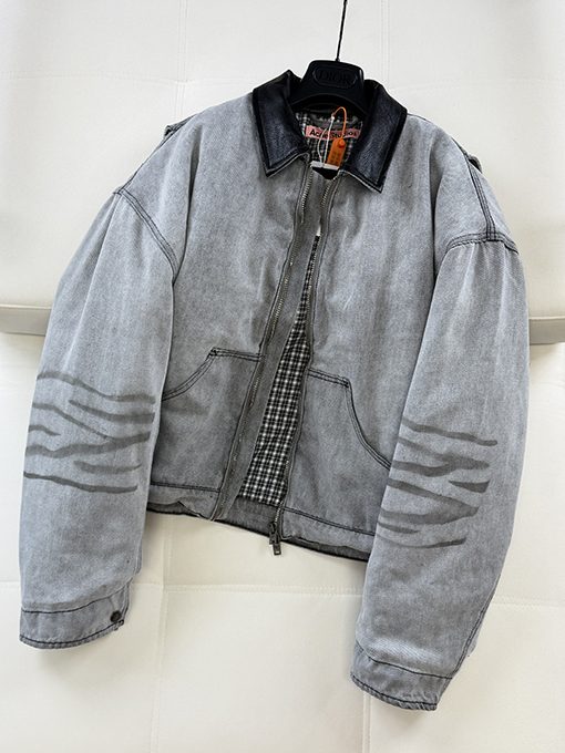 アクネストゥディオズ偽物 Acne Studios クラシックなレザーカラーのダメージデニムコットンジャケット