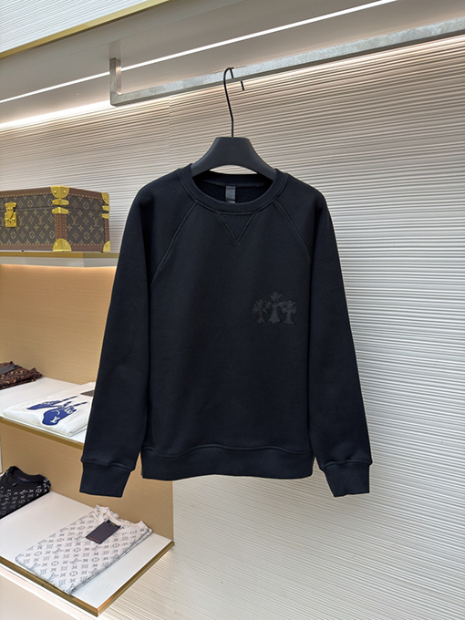 クロムハーツスーパーコピー 刺繍ロゴ入りの黒のクルーネック スウェットシャツ