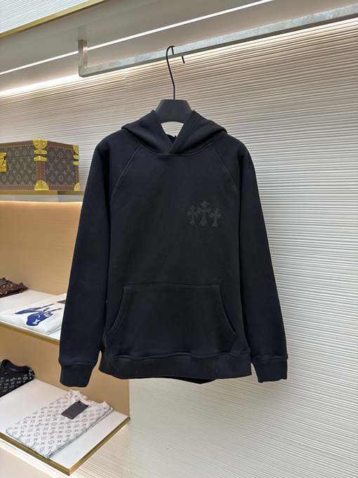 クロムハーツパーカースーパーコピー 新モデル刺繍ロゴ入りの黒いフード付きスウェットシャツ