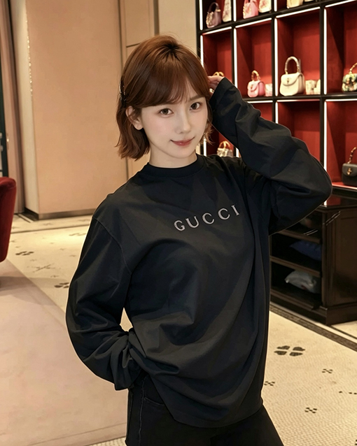 グッチ長袖シャツスーパーコピー 胸に文字プリント入りクルーネックの長袖シャツ