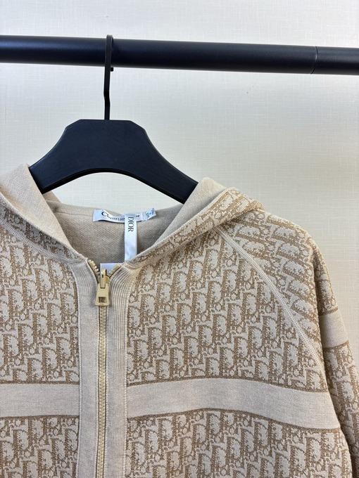 ディオールコピー 両面リバーシブル・カシミヤ・モノグラム刺繍ロゴポケット付きニット・ジップアップ・フーディー