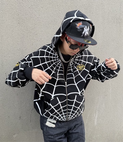 シュプリーム コラボモデル 裏起毛スパイダーウェブ柄ジップアップフーディー