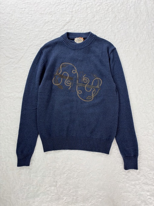 エルメスコピー クラシックな錨のパッチワークレザー刺繍クルーネックセーター
